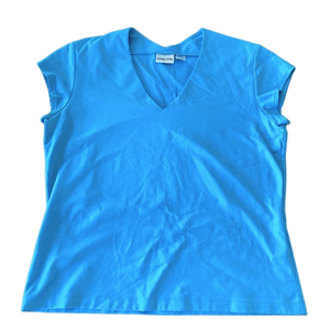 Chicos Bight Aqua Blue Spandex Cap Sleeve Tee Size 2 (12)